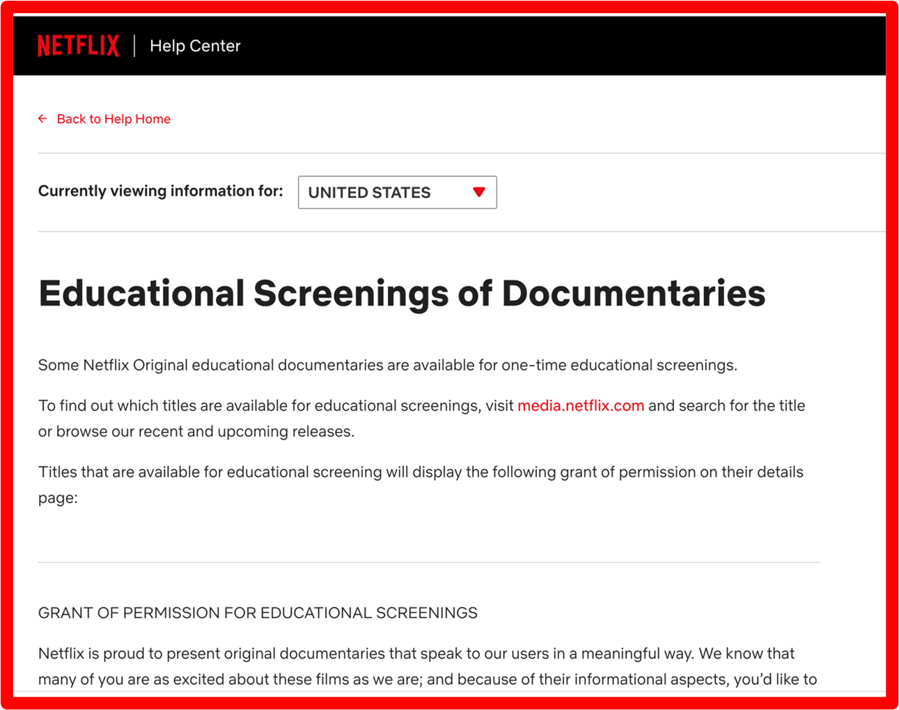 Screenshot of Netflix Educational Screenings help center