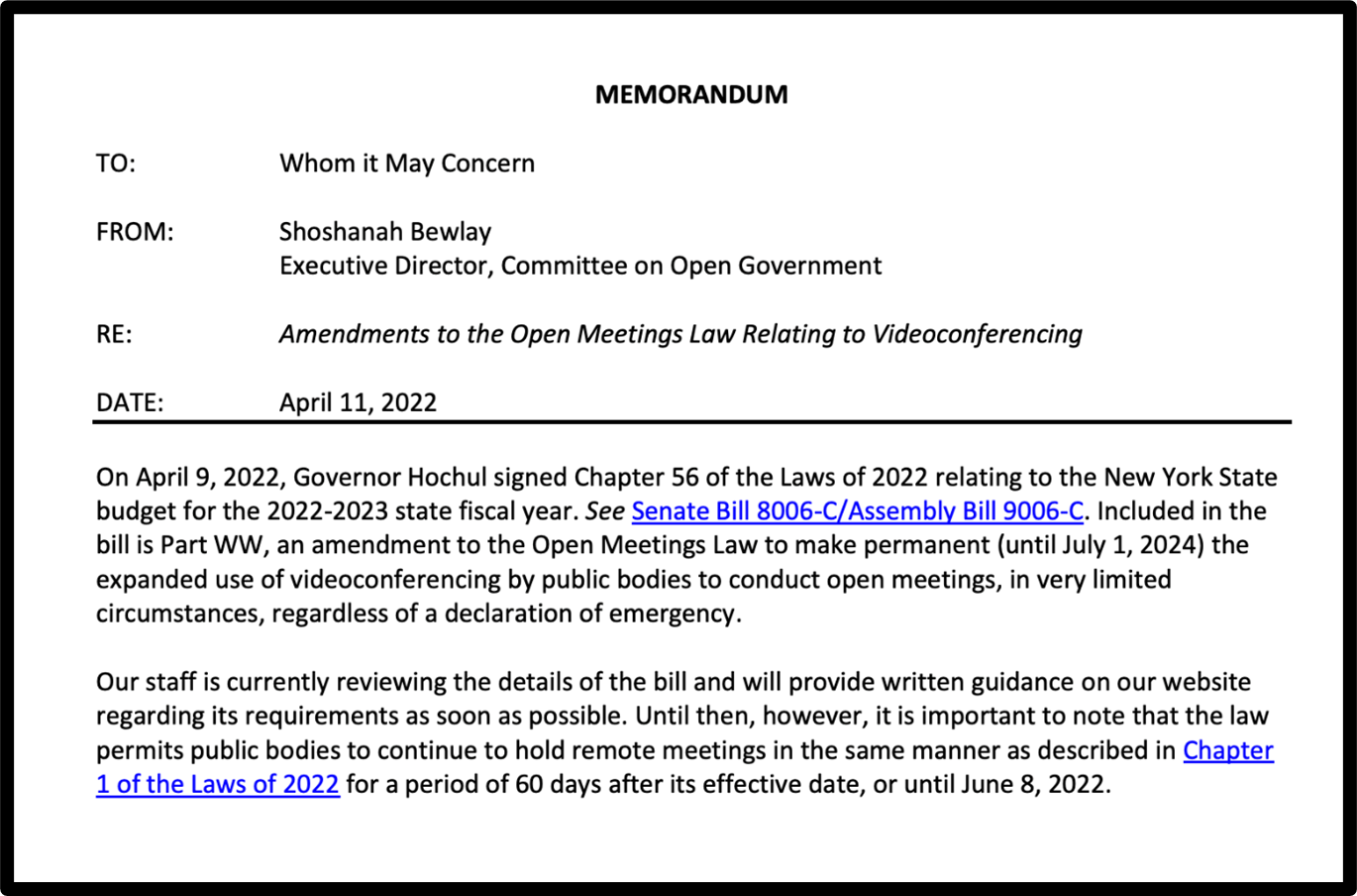 Amendments to Open Meetings Law for Videoconferencing screenshot