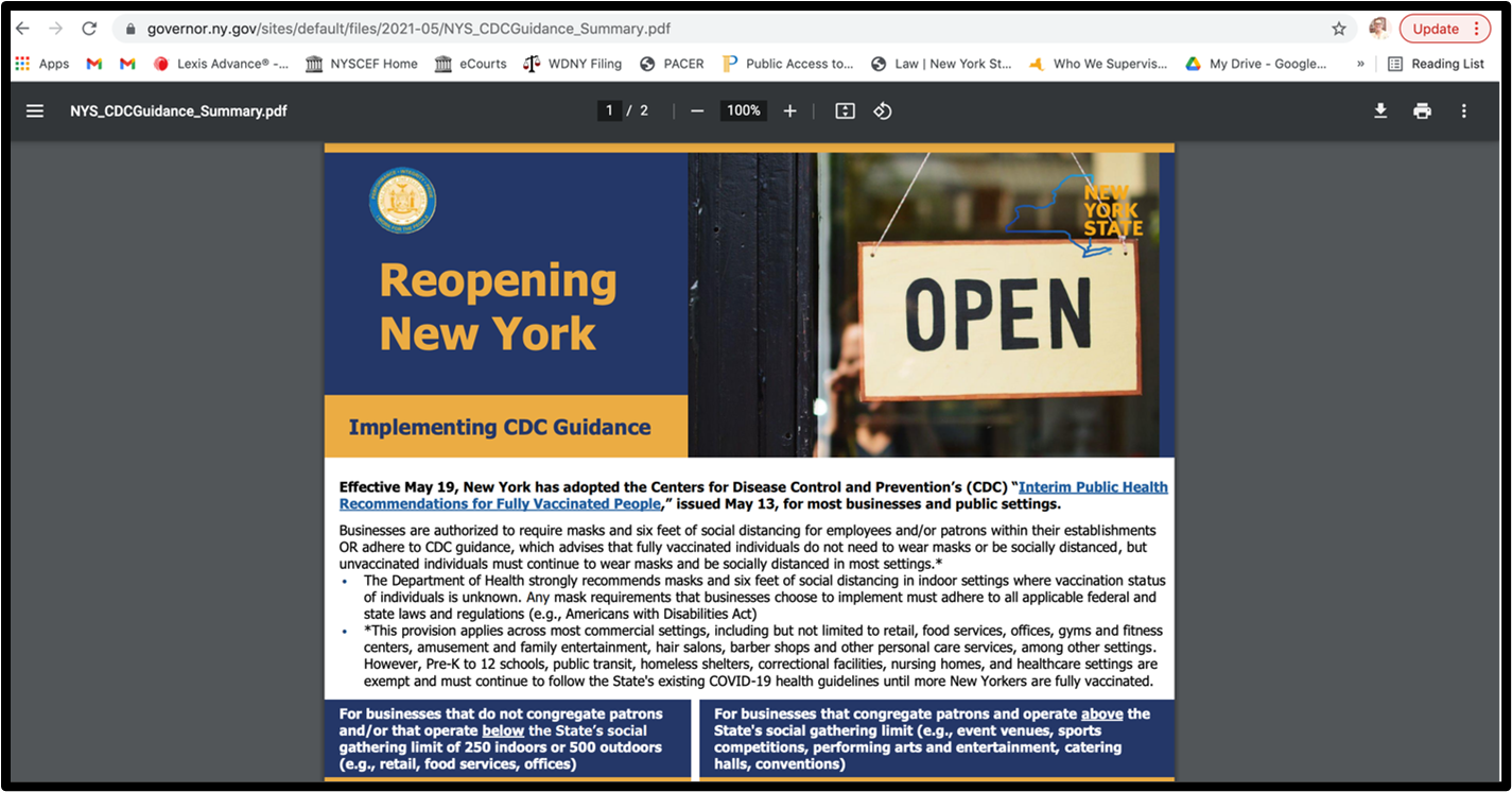 Screenshot of NYS guidance ca May 2021