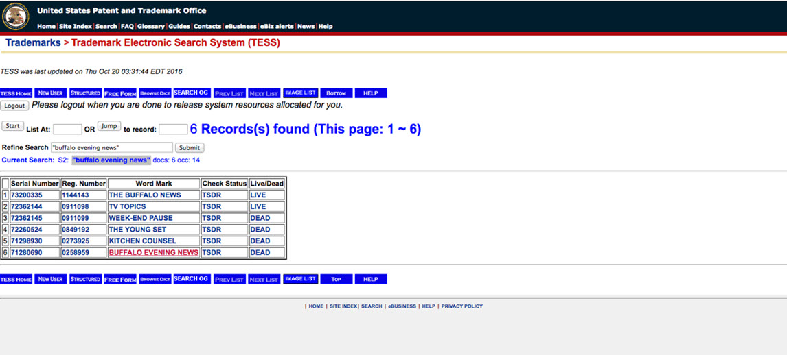 Image of Trademark search for Buffalo Evening News