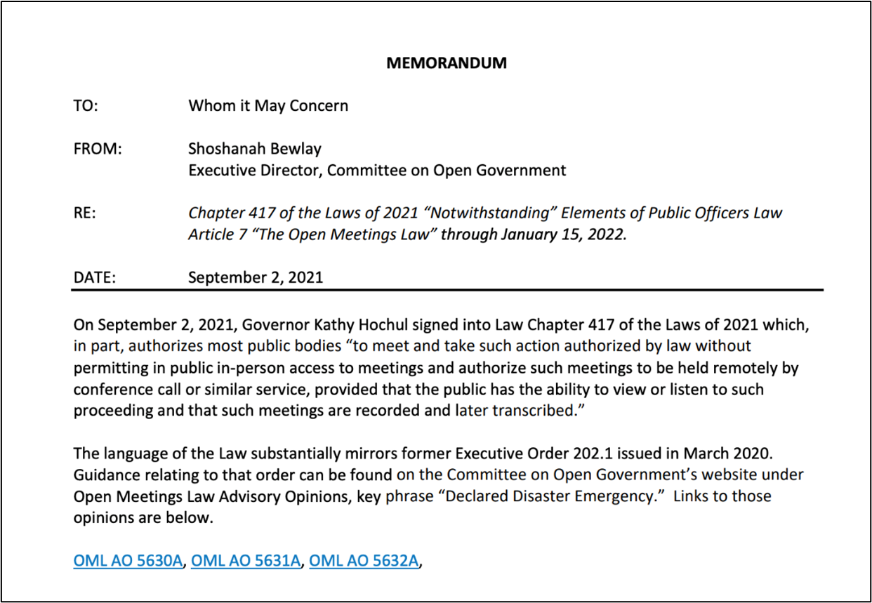Image of memorandum from Commitee on Open Government