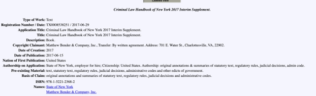 screenshot of NYS copyright registry
