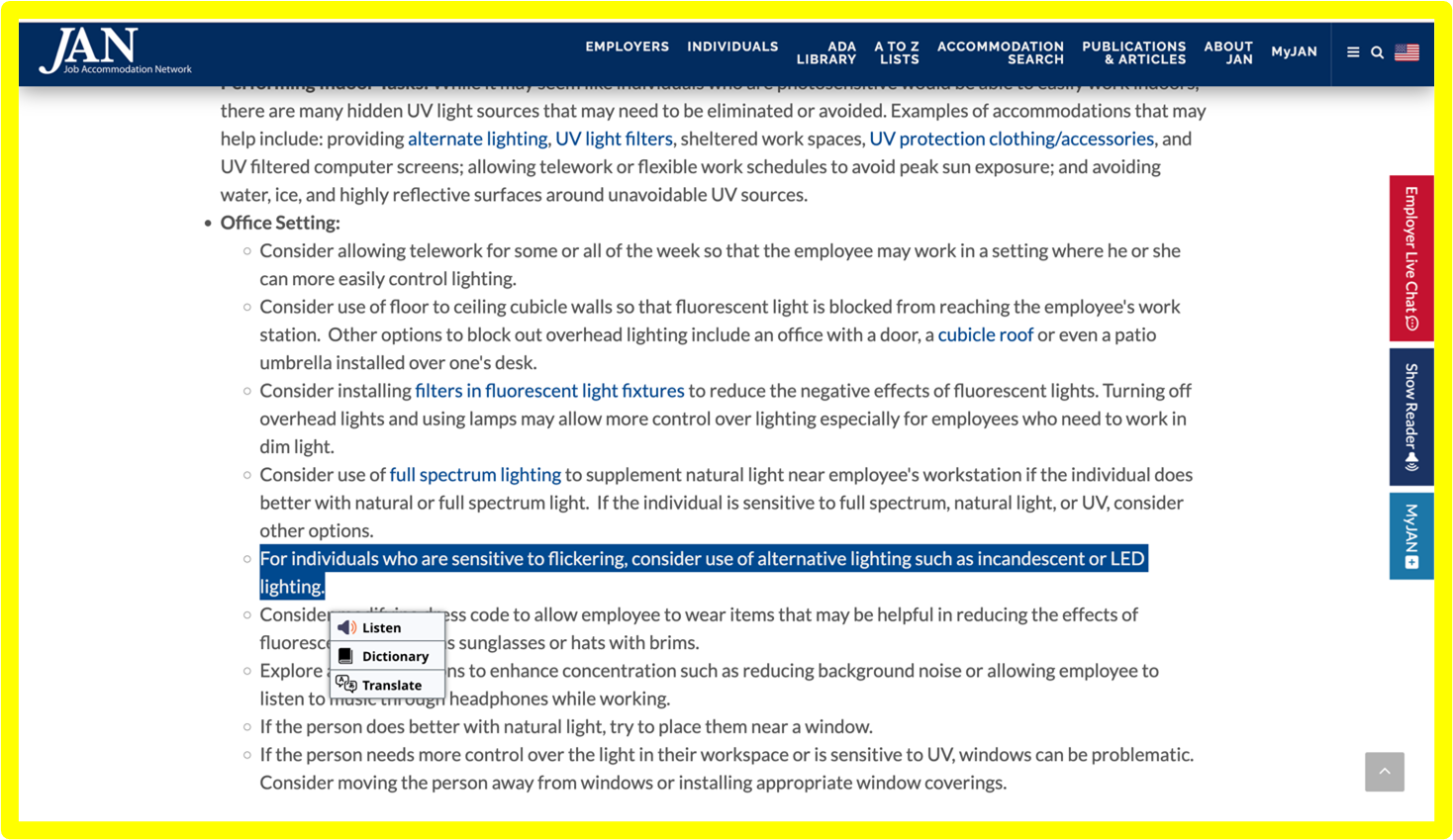 Screenshot from AskJan.org resource page on Photosensitivity. An arrow is highlighting text that reads: "For individuals who are sensitive to flickering, consider use of alternative lighting such as incandescent or LED lighting."