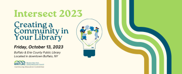 Beige background with bright green and dark blue colors in the text. Text reads Intersect 2023 Creating a Community in Your Library. Date and location of the conference. In the center is a lightbulb with alternating blue and green puzzle pieces. On the right side are squiggly lines in gold, teal, bright green, and navy blue.
