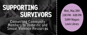 Banner for an event titled "Supporting Survivors," focused on connecting the community to domestic and sexual violence resources, with event details for May 28 at SUNY Niagara, Lewis Library.